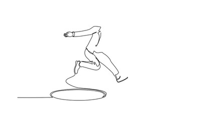 Poster - Animated self drawing of single continuous line draw businessman jumping through the hole, metaphor to facing big problem. Business struggles. Strength for success. Full length one line animation