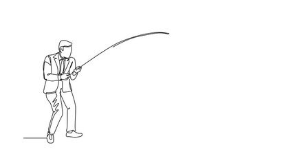 Poster - Animated self drawing of single continuous line draw businessman holding fishing rod from hole. Man fishing with rod. Business investment concept. Make money from idea. Full length one line animation