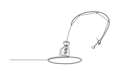 Poster - Animated self drawing of continuous line draw businessman holding fishing rod got big money bag from hole. Man catching money bag with fishing rod. Business concept. Full length single line animation