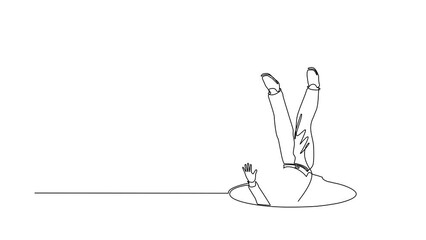 Poster - Animated self drawing of continuous one line draw businessman falling into pit hole. Legs up. Logo protruding legs from the hatch, puddles. Metaphor. Failure. Defeat. Full length single line animation