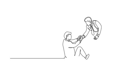 Wall Mural - Self drawing animation of single line draw businessman helping his friend by take him out from hole. Two men one of whom helps another. Business struggles. Continuous line draw. Full length animated
