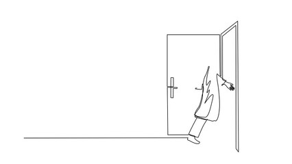 Poster - Animated self drawing of continuous line draw Arab enters the room through the door. Woman walking to opened door. Starting new day at office. Business concept. Full length single line animation