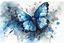 Blue Butterfly Against A Plain White Background. Generative AI