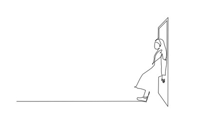 Poster - Self drawing animation of single line draw Arabian pushing door with her back. Struggles. Strength for success. Business concept of overcoming obstacles. Continuous line draw. Full length animated