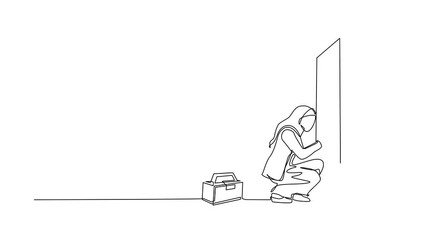 Poster - Animated self drawing of continuous line draw Arab prying doorknob with screwdriver. Woman repair broken handle door knob with tool in tool box. Business concept. Full length one line animation