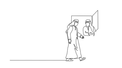 Poster - Animated self drawing of continuous line draw Arab businessman at door welcomes his friend in. Man is inviting his friend to get into his house. Hospitality concept. Full length one line animation