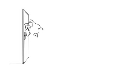 Poster - Self drawing animation of single line draw Arabian man eavesdropping at the door. Curious businessman listening to conversation. Privacy violation concept. Continuous line draw. Full length animated