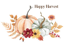 Floral Arrangement With Pumpkins. Watercolor Clipart. Hand-painted Orange And Blue Gourds With Autumn Foliage, Seasonal Flowers, And Berries. Fall Bouquet Illustration. PNG Clipart.