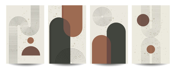 Boho background. Abstract bohemian arch and geometric shapes, modern posters for interior decor. Minimalist style, natural colors vertical banner, cover or social media posts. Vector illustration