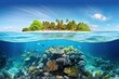 Tropical island and coral reef split view with waterline