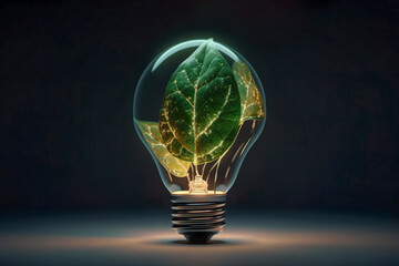 Wall Mural - Eco friendly lightbulb with green leaf and tree of Renewable Energy , Renewable energy by 2050 Carbon neutral energy , Save energy creative idea concept , Generative Ai