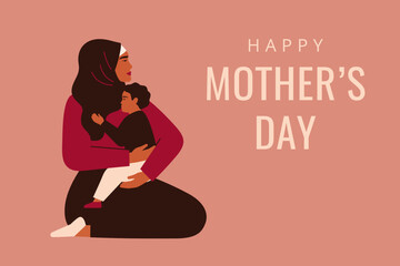 Wall Mural - Muslim mother holds on knees her male child and embraces him with love and care. Mother's day greeting card with Arabian woman and her small son. Vector illustration