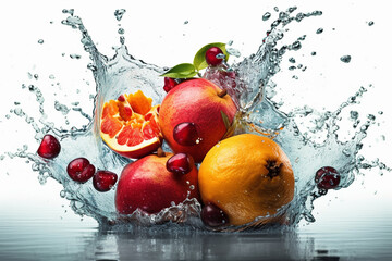  Fresh fruits - oranges, kiwis, apples, and grapes - in a splash of water, creating a refreshing and vibrant image. Ai generated
