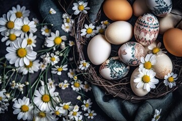 Sticker - bird's nest with colorful eggs and daisies. Generative AI