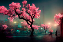 Futuristic City With Neon Lights And Abstract Sakura Trees. Modern Fantasy Japanese Cityscape Background.