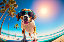 Happy Dog Surfer With Sunglasses On Tropical Sandy Beach With Palm Trees. Summer Holiday Vacation On Island Resort.