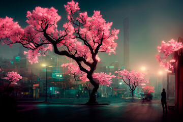 Futuristic city with neon lights and abstract sakura trees. Modern fantasy japanese cityscape background.