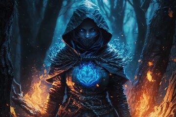 Wall Mural - blue female half masked wizard character in wood sorrounded by flames, illustration generative ai