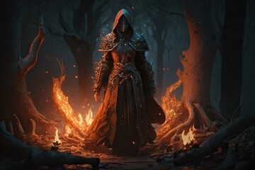 Wall Mural - red female hooded wizard character in wood sorrounded by flames, illustration generative ai