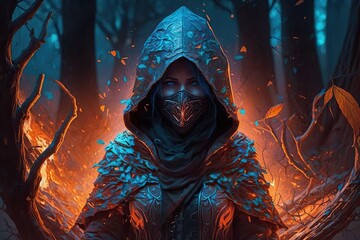 Wall Mural - female hooded warrior character in wood sorrounded by flames, illustration generative ai