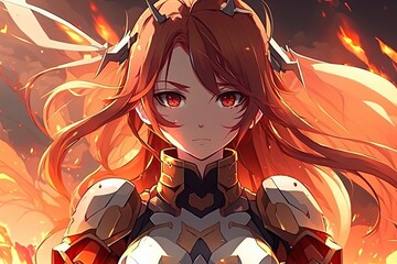 Wall Mural - anime beautiful warrior surrounded by embers, illustration, generative ai