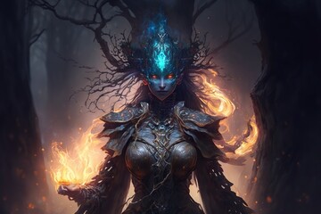 Wall Mural - female powerful illithid character in wood sorrounded by flames, illustration generative ai