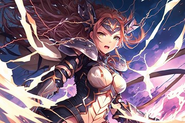 Wall Mural - illustration of an anime woman surrounded by electric sparks, generative ai