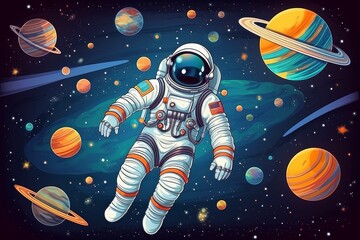 An Astronaut Floating Among Planets and Bright Stars with Pastel Shades and Neon Gradients. Generative ai