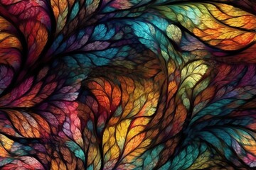 Poster - an abstract painting featuring vibrant and colorful leaves. Generative AI