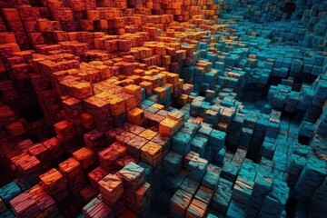 Poster - room filled with multicolored cubes in a random pattern. Generative AI