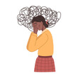 © Sensvector - Worried and overthinking woman with tangled mess in head. Isolated female character with thoughts and depression, anxiety and stress. Vector in flat style
