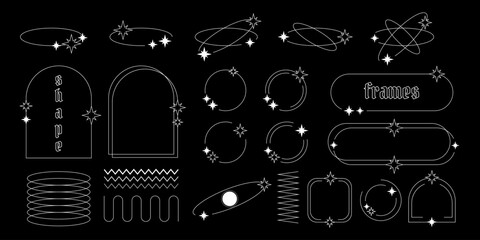 Poster - Set of Y2K border line frames with stars, labels, stickers, abstract wavy and circle elements.
