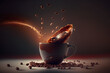 Cup of coffee with splashes and smoke on a dark background. Coffee splashing out of a cup on a dark background. 3d rendering. Generative AI technology.
