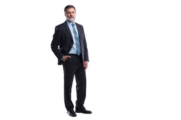 Full length portrait of confident mature businessman in formals standing isolated over transparent background