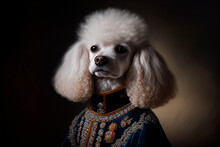 Fine Art Portrait Of Puddle Dog In Royal Clothing. Aristocratic Noble Pet In Elegant Historical Gown.
