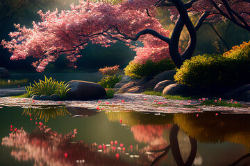 Asian garden with sakura trees and pond. Landscape with cherry blossom falling in lake with bokeh light. Springtime fine art background.