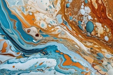 Poster - an abstract painting with blue, orange, and brown colors in a close-up view. generative ai
