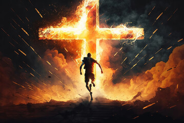 Wall Mural - Man Running Into Cross Easter Sunday Special Generative AI