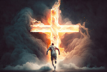 Wall Mural - Man Running Into Cross Easter Sunday Special Generative AI