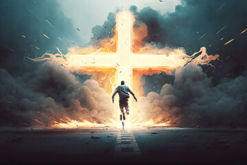 Wall Mural - Man Running Into Cross Easter Sunday Special Generative AI