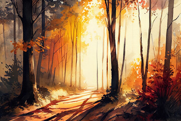 Wall Mural - Autumn forest nature. Generative Ai