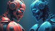 Two futuristic robots before match in blue and red color. Postproducted generative AI digital illustration.