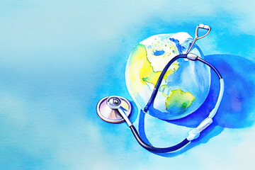 Wall Mural - world planet earth save, globe planet and stethoscope on blue background. Generative Ai