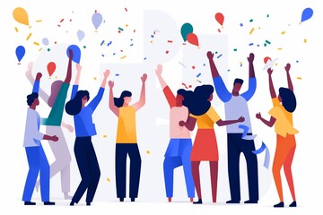 Wall Mural - Flat digital illustration of a startup team celebrating a milestone with confetti, balloons, and high-fives on a clean white background. generative ai