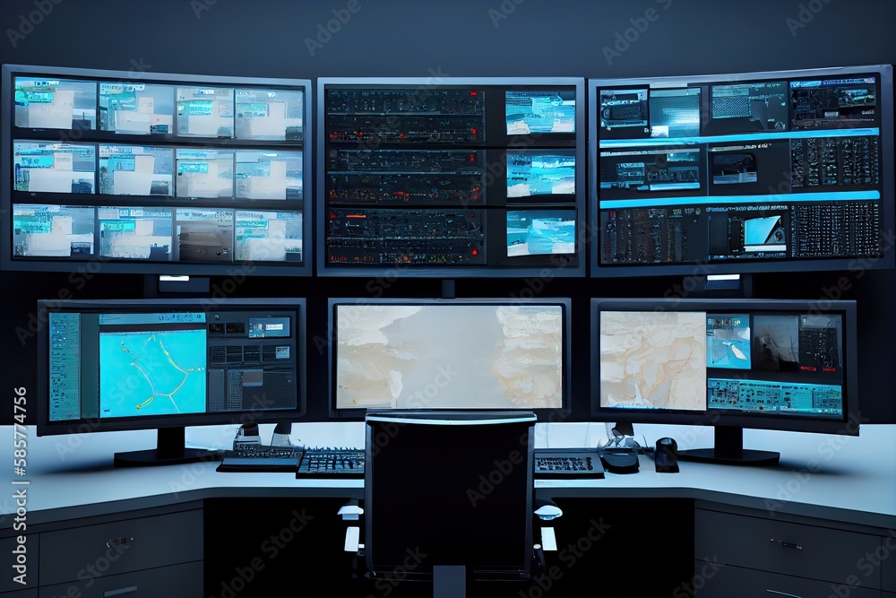 high-tech monitor surveillance room with multiple screens, advanced ...