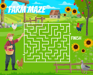 Poster - Labyrinth maze, help the old farmer find a rooster and goose. Kids vector worksheet boardgame with cartoon man villager searching birds on ranch, tangled path, start and finish, recreational riddle