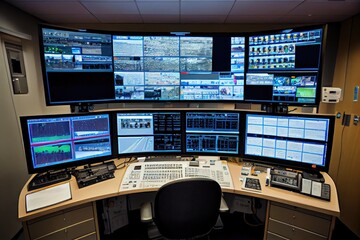 Wall Mural - seryh surveillance room, with one monitor displaying live video feed of hospital operating room, created with generative ai