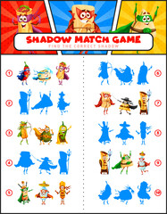 Poster - Shadow match game mexican food superhero characters in retro comics. Kids vector worksheet with cartoon tex mex chili, tacos, burrito and avocado. Jalapeno, tequila, pulque and churros with tamales