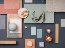 Creative Flat Lay Composition With Textile And Paint Samples, Panels And Cement Tiles. Stylish Interior Designer Moodboard. Blue, Beige And Brown Color Palette. Copy Space. Template.