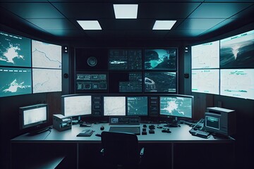 Canvas Print - surveillance room, with multiple screens showing different locations, created with generative ai